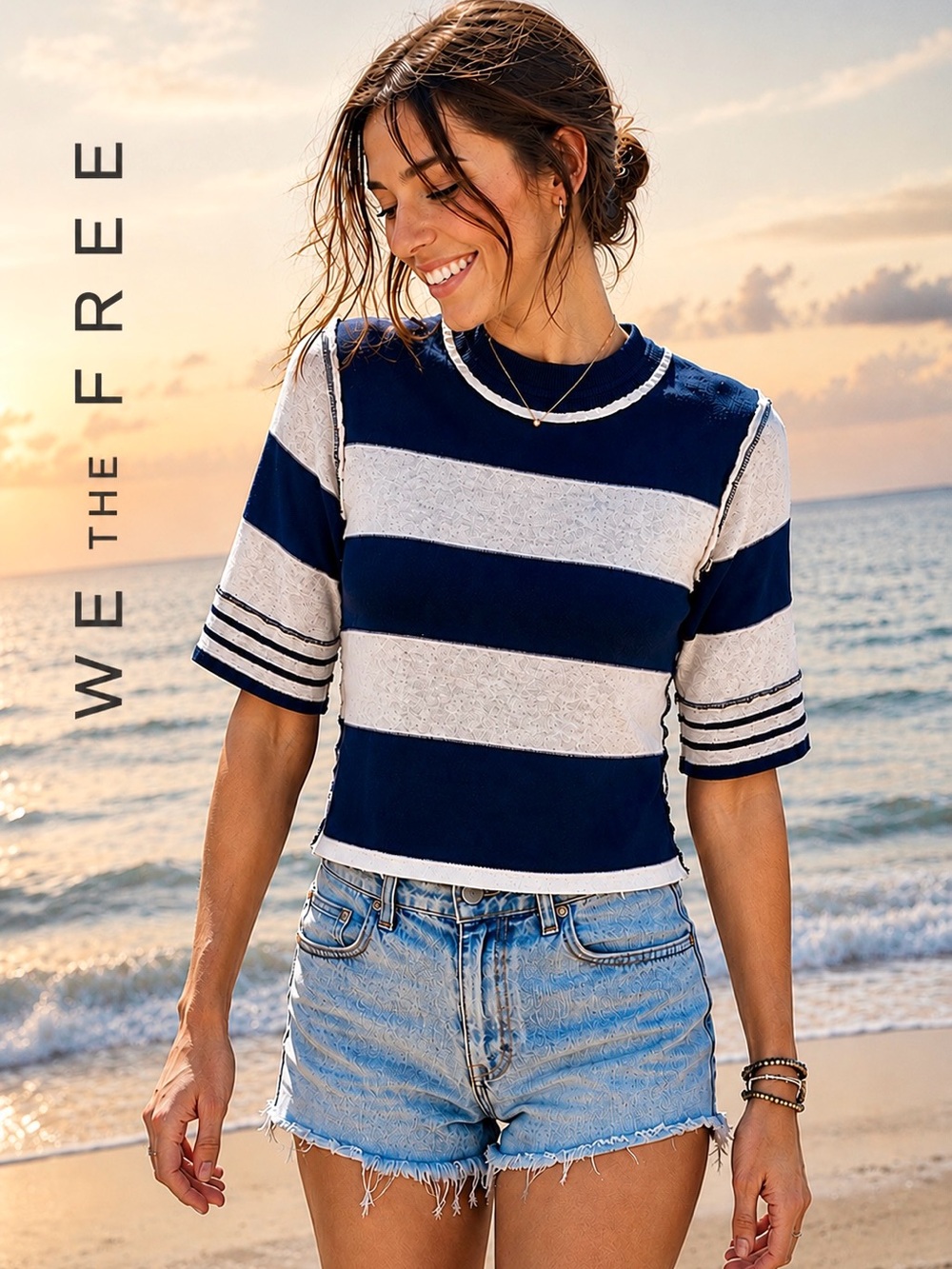 FREE PEOPLE We The Free Collection Navy & White Striped Top